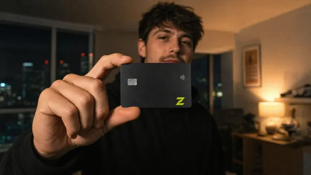 A man holding up the matte black ZERA card to the camera in a city apartment at night.