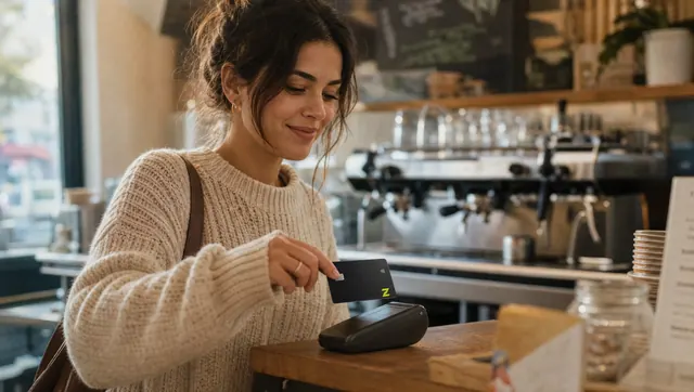 Tapping the ZERA card on a reader at a cafe counter
